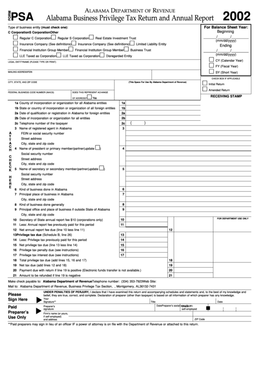 Form Psa - Alabama Business Privilege Tax Return And Annual Report - 2002