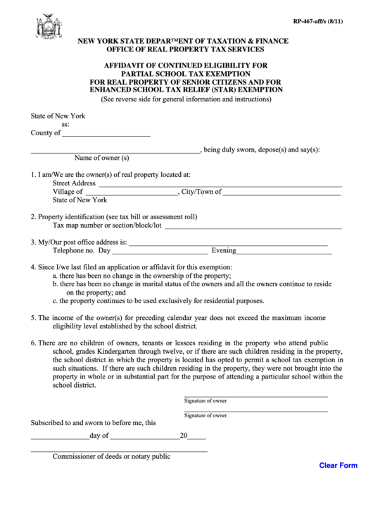 Fillable Form Rp-467-Aff/s - Affidavit Of Continued Eligibility For Partial School Tax Exemption For Real Property Of Senior Citizens And For Enhanced School Tax Relief (Star) Exemption Printable pdf