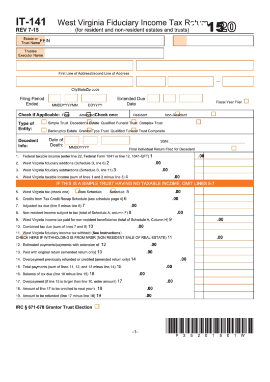 Form It-141 - West Virginia Fiduciary Income Tax Return - 2015 Printable pdf