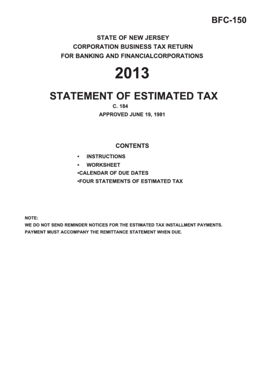Fillable Form Bfc-150 - Statement Of Estimated Tax - 2013 Printable pdf