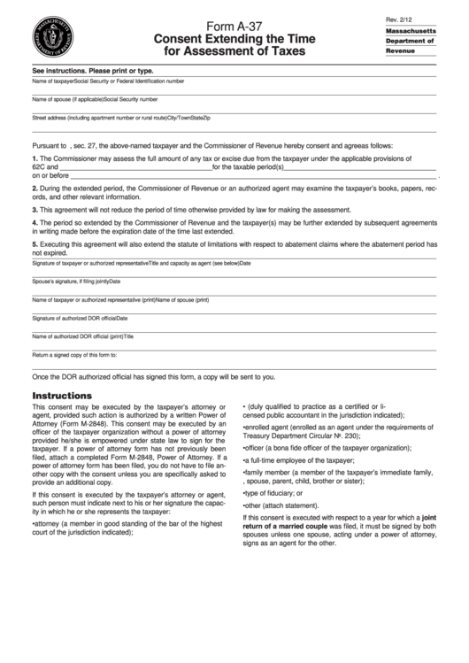 Form A-37 - Consent Extending The Time For Assessment Of Taxes Printable pdf