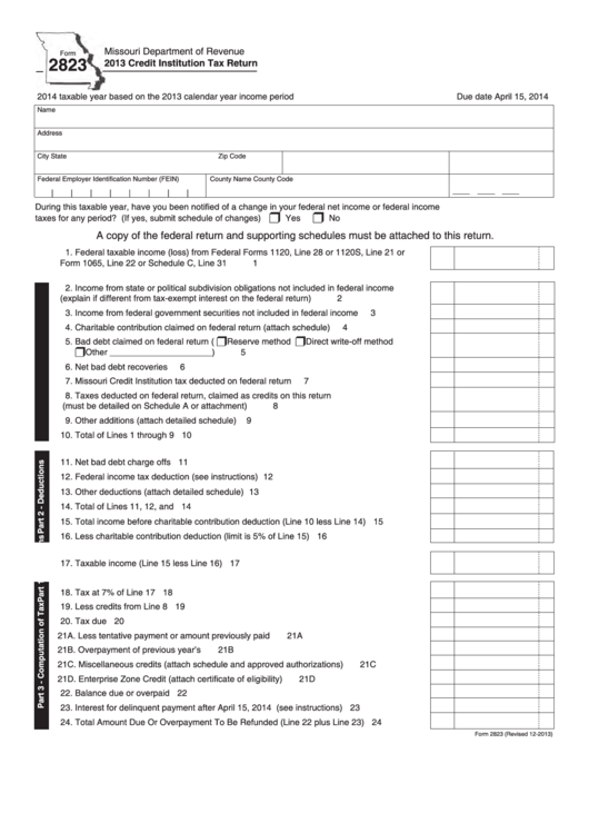 Fillable Form 2823 - Credit Institution Tax Return Printable pdf