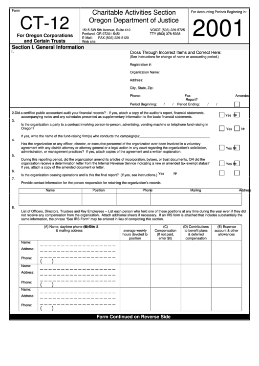 Fillable Form Ct-12 - Charitable Activities Section - 2001 Printable pdf