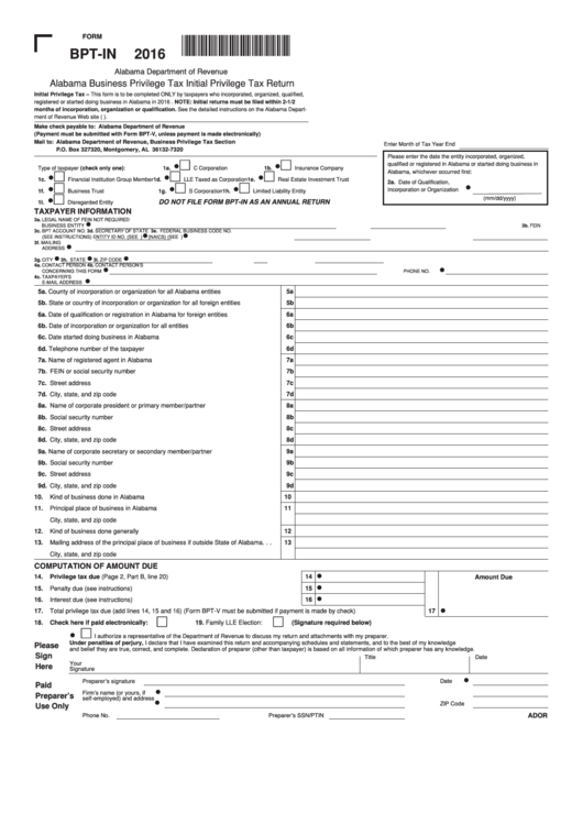 Form Bpt-in - Alabama Business Privilege Tax Initial Privilege Tax Return - 2016
