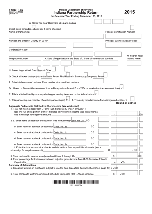 Fillable Form It-65 - Indiana Partnership Return - 2015 Printable pdf