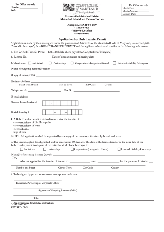 Fillable Form Com/rad 329 - Application For Bulk Transfer Permit Printable pdf