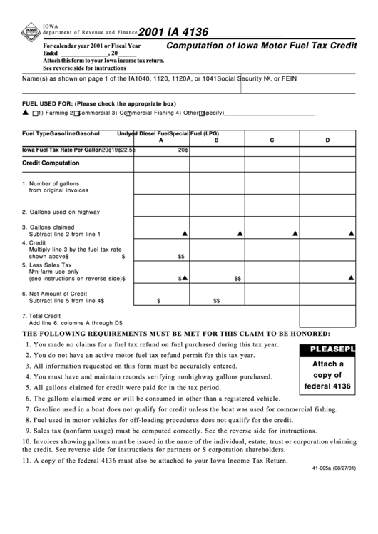 Form Ia 4136 - Computation Of Iowa Motor Fuel Tax Credit - 2001 Printable pdf