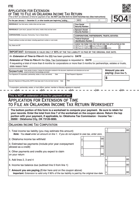 Fillable Form 504 - Application For Extension Of Time To File An Oklahoma Income Tax Return - 2015 Printable pdf