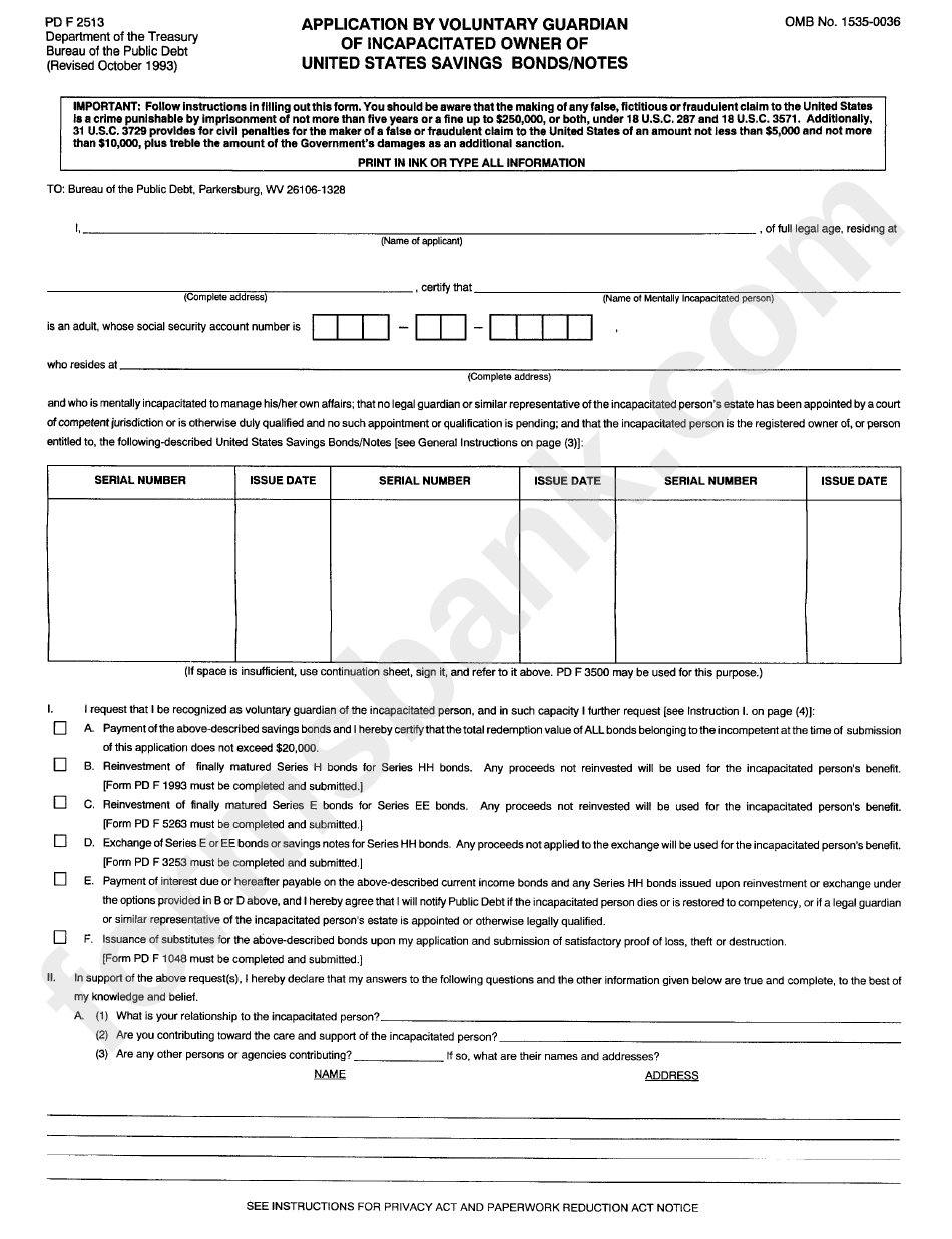 Form Pd F 2513 - Application By Voluntary Guardian Of Incapacitated Owner Of United States Savings Bonds / Notes