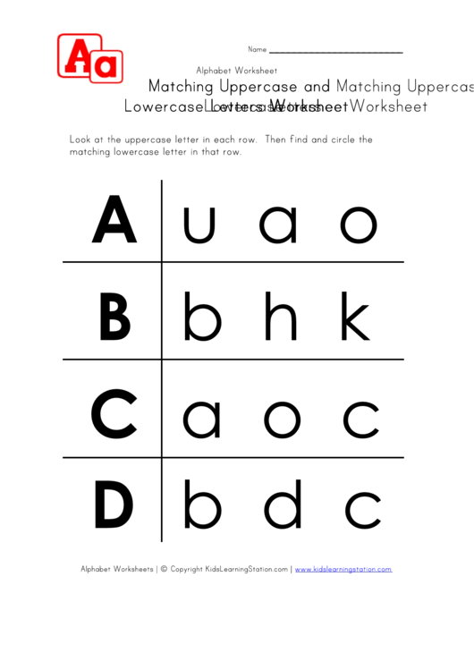 Matching Uppercase And Lowercase Letters Worksheet - A To D - In Rows Printable pdf