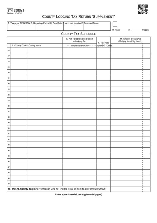 Fillable Form Sth20061 - County Lodging Tax Return Supplement Printable pdf