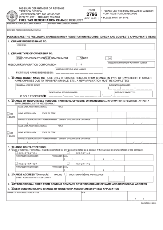Fillable Form 2796 - Fuel Tax Registration Change Request Printable pdf