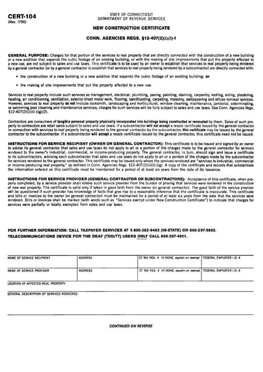 Form Cert-104 - New Construction Certificate Printable pdf