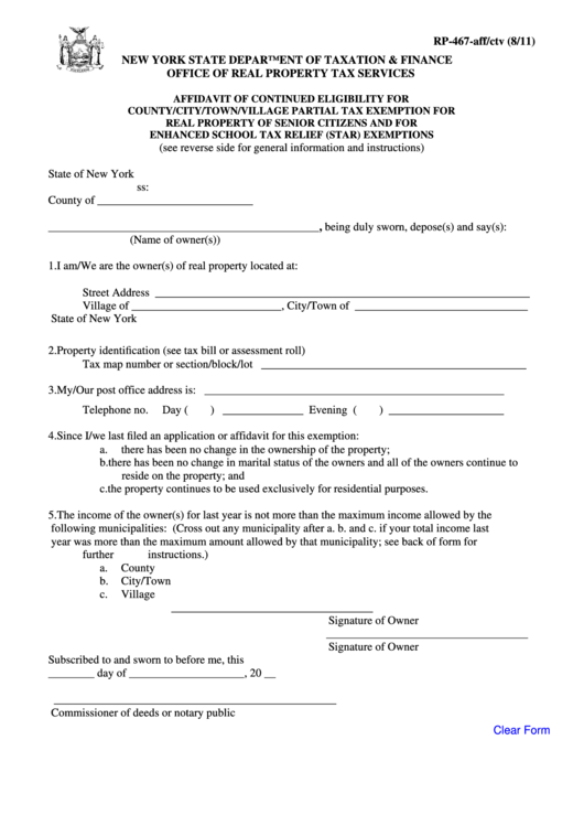 Fillable Form Rp-467-Aff/ctv - Affidavit Of Continued Eligibility For County/city/town/villlage Partial Tax Exemption For Real Property Of Senior Citizens And For Enhanced School Tax Releif (Star) Exemptions Printable pdf