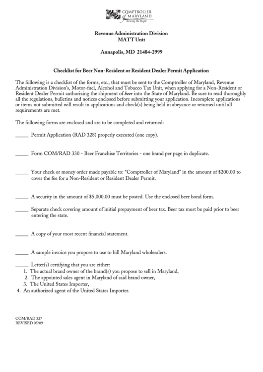 Form Com/rad 327 - Checklist For Beer Non-Resident Or Resident Dealer Permit Application Printable pdf