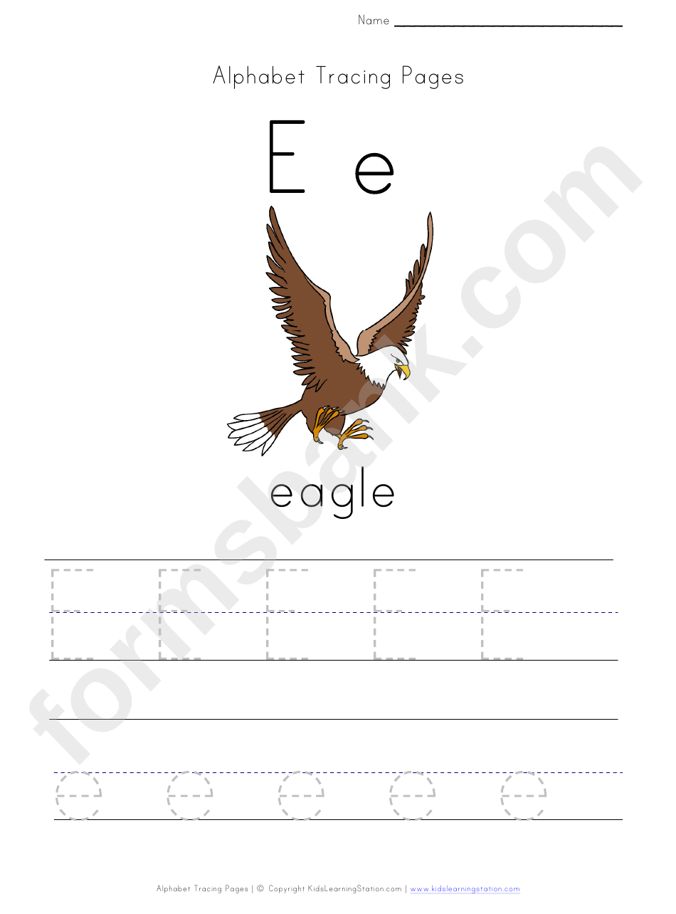 Alphabet Tracing Worksheet - Letter E With Picture Of Eagle