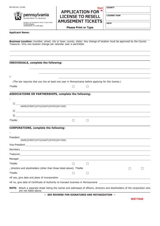 Fillable Form Rev-656 As - Application For License To Resell Amusement Tickets Printable pdf