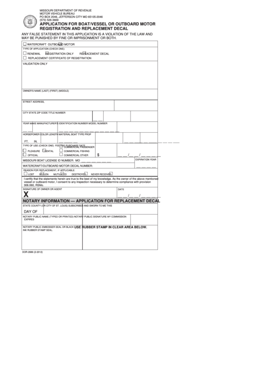 Fillable Form 2686 - Application For Boat/vessel Or Outboard Motor Registration And Replacement Decal Printable pdf