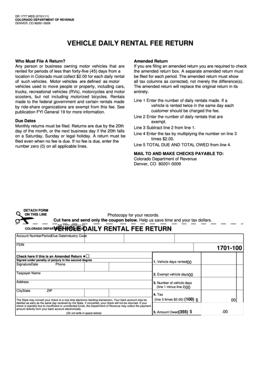 Fillable Form Dr 1777 - Vehicle Daily Rental Fee Return printable pdf ...