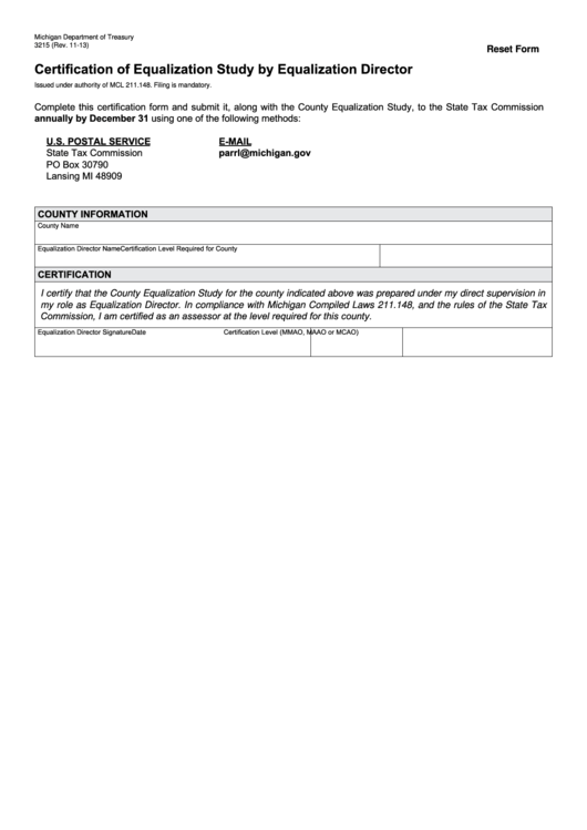 Fillable Form 3215 - Certification Of Equalization Study By Equalization Director Printable pdf