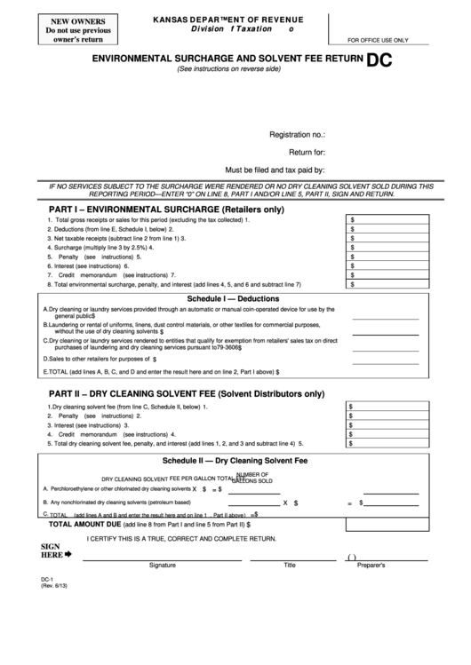 Fillable Form Dc-1 - Environmental Surcharge And Solvent Fee Return Printable pdf