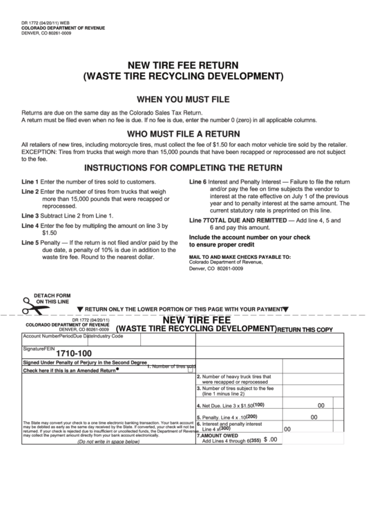 Fillable Form Dr 1772 New Tire Fee Return (Waste Tire Recycling
