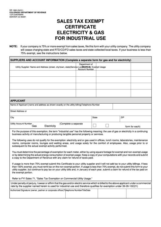 Form Dr 1666 - Sales Tax Exempt Certificate Electricity And Gas For Industrial Use Printable pdf