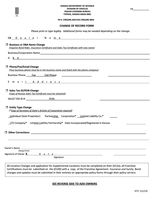 Fillable Form D72 - Change Of Record Form Printable pdf