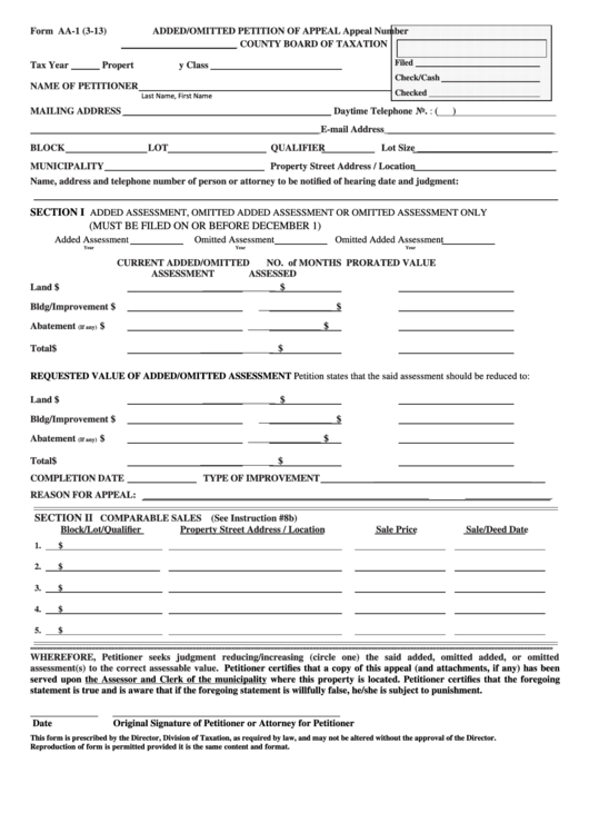 Fillable Form Aa-1 - Added/omitted Petition Of Appeal Printable pdf