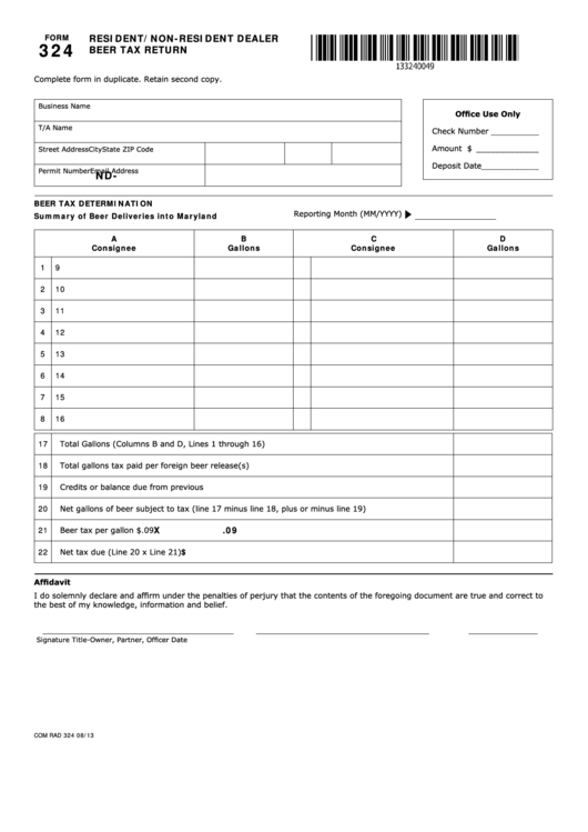 Fillable Form 324 - Resident/non-Resident Dealer Beer Tax Return Printable pdf