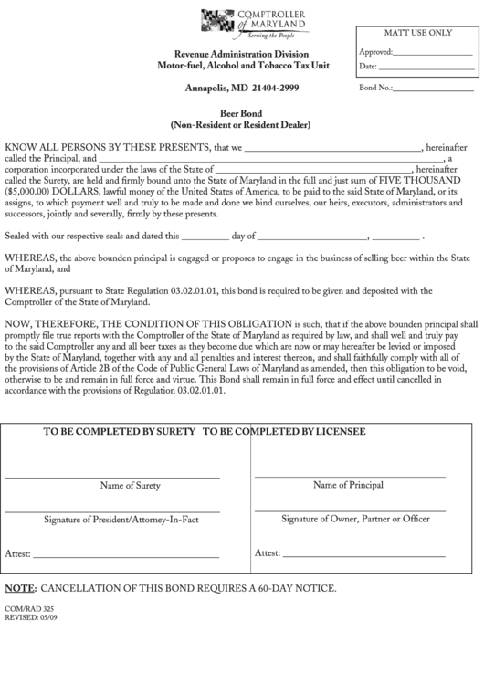 Form Com/rad 325 - Beer Bond (Non-Resident Or Resident Dealer) Printable pdf