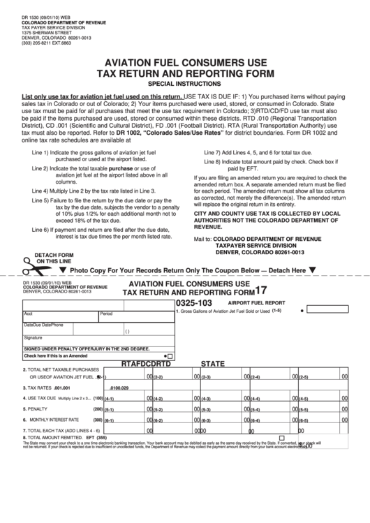 Fillable Form Dr 1530 - Aviation Fuel Consumers Use Tax Return And Reporting Form Printable pdf