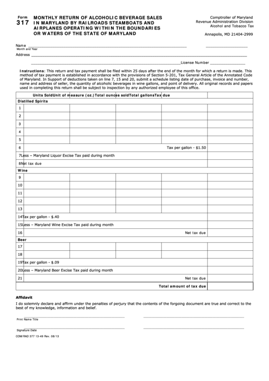 Fillable Form 317 Monthly Return Of Alcoholic Beverage Sales In