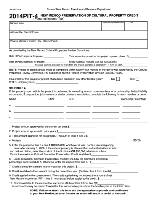 Form Pit-4 - New Mexico Preservation Of Cultural Property Credit - 2014 Printable pdf