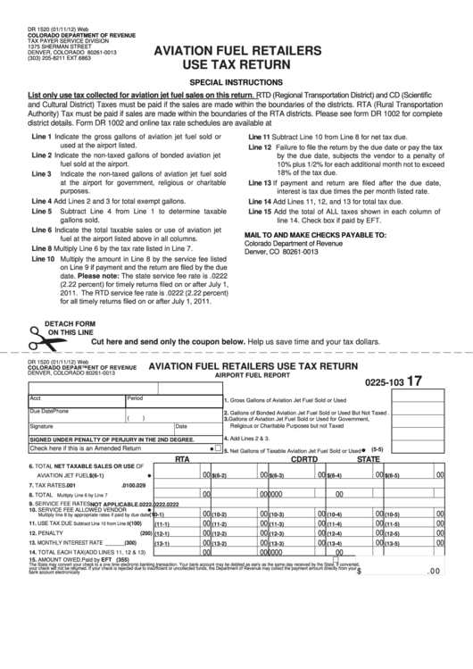 Fillable Form Dr 1520 - Aviation Fuel Retailers Use Tax Return Printable pdf