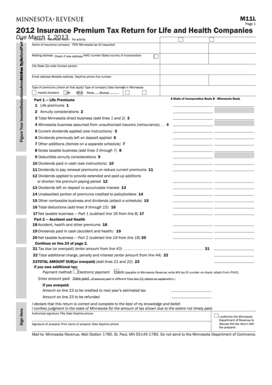 Fillable Form M11l - Insurance Premium Tax Return For Life And Health Companies - 2012 Printable pdf