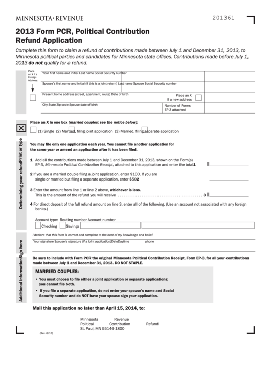 Fillable Form Pcr - Political Contribution Refund Application - 2013 Printable pdf