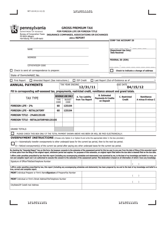 Form Rct-121-B - Pa Gross Premium Tax Printable pdf