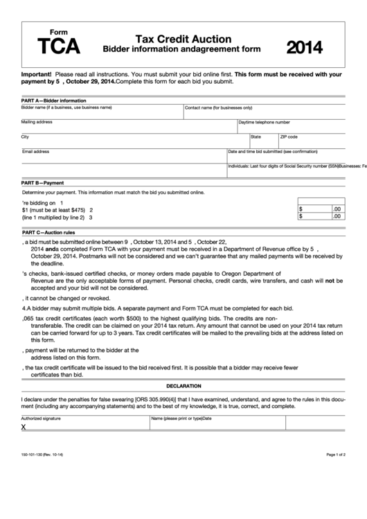 Fillable Form Tca - Tax Credit Auction - 2014 Printable pdf