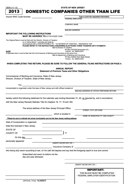 Fillable Form Dem - Domestic Companies Other Than Life - 2013 Printable pdf