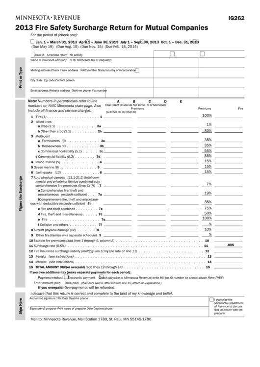 Fillable Form Ig262 - Fire Safety Surcharge Return For Mutual Companies - 2013 Printable pdf