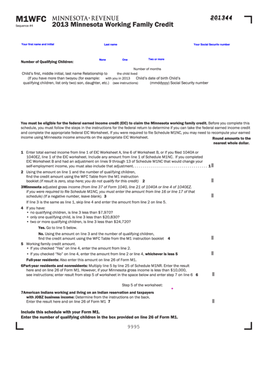 Fillable Form M1wfc - Minnesota Working Family Credit - 2013 Printable pdf