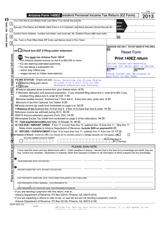 Fillable Form 140ez Resident Personal Income Tax Return (Ez Form) - 2013 Printable pdf