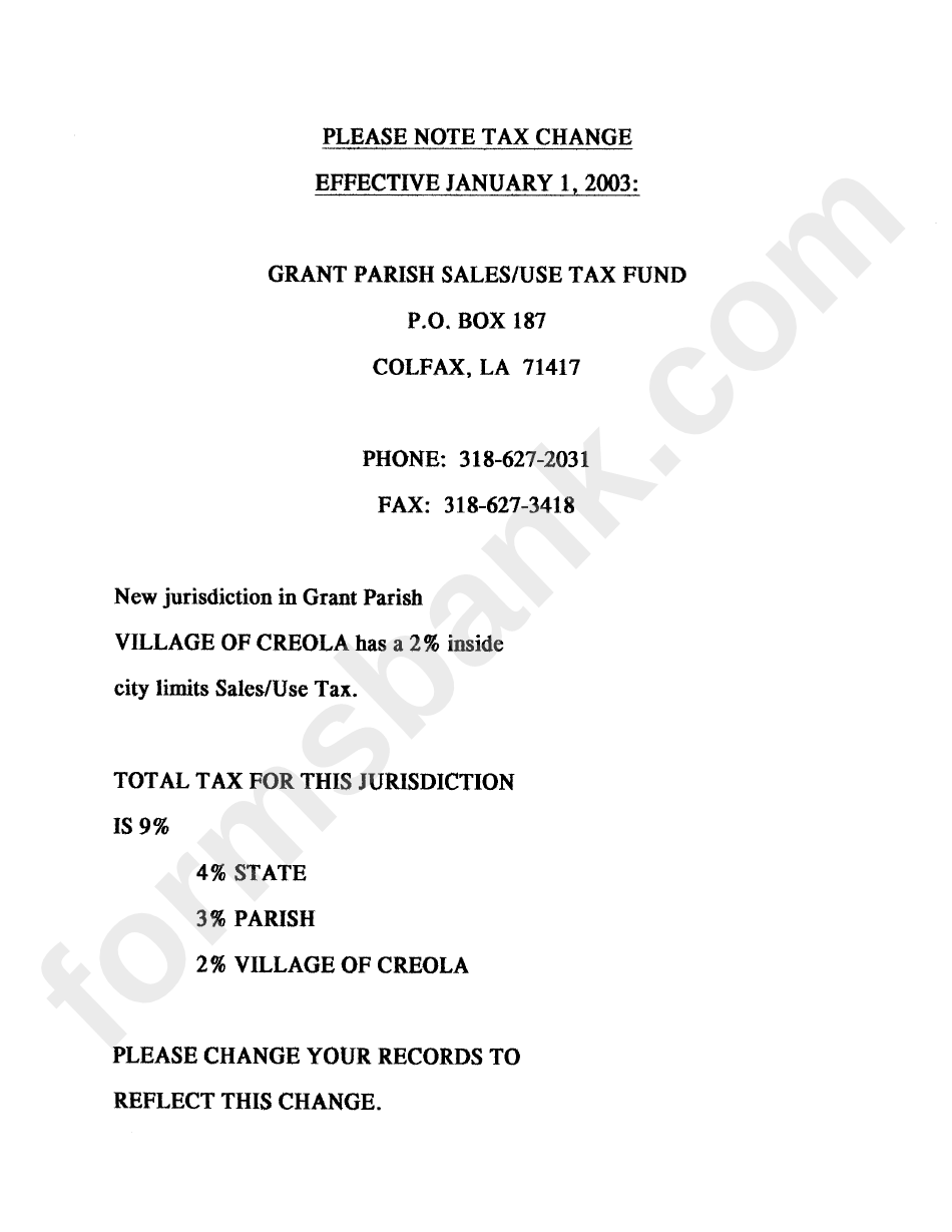 Instructions For Sales And Use Tax Report - Grant Parish