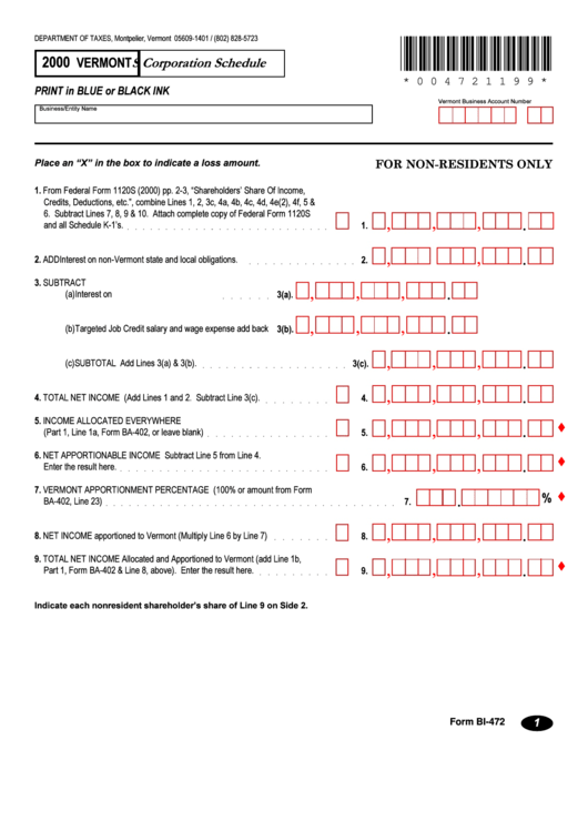 Form Bi-472 - Vermont S Corporation Schedule - 2000 Printable pdf