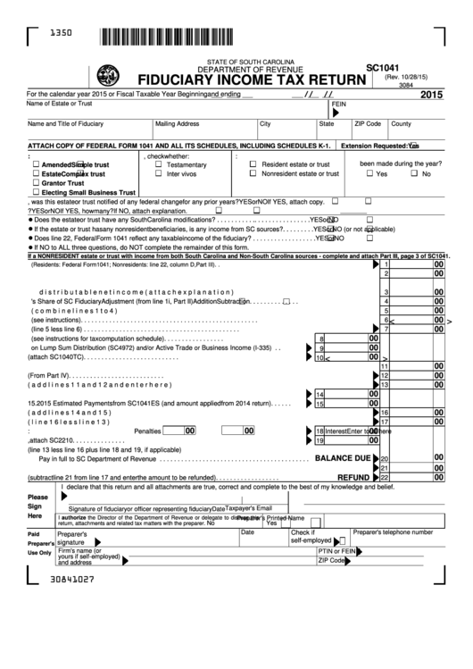 Form Sc1041 - Fiduciary Income Tax Return - 2015 Printable pdf