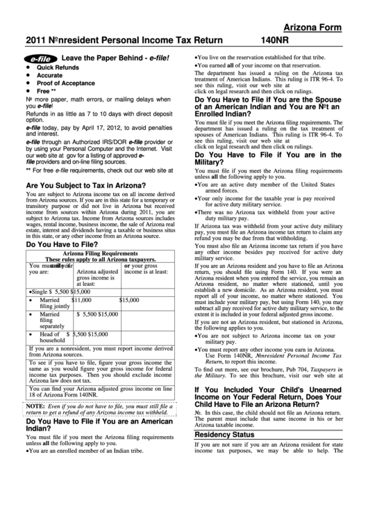 Form 140nr - Nonresident Personal Income Tax Return Printable pdf