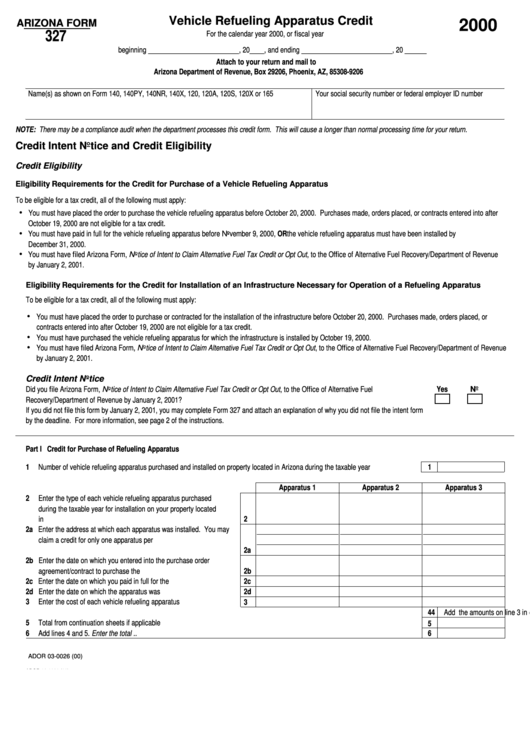 Form 327 - Vehicle Refueling Apparatus Credit - 2000 Printable Pdf Download