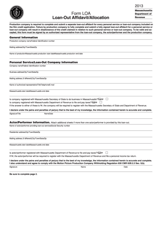 Form Loa - Loan-Out Affidavit/allocation - 2013 Printable pdf