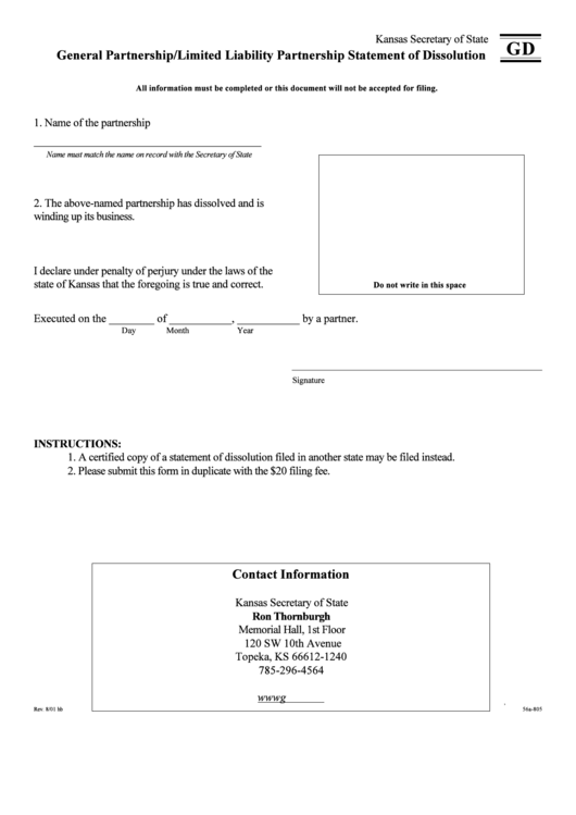 Form Gd - General Partnership / Limited Liability Partnership Statement Of Dissolution Printable pdf